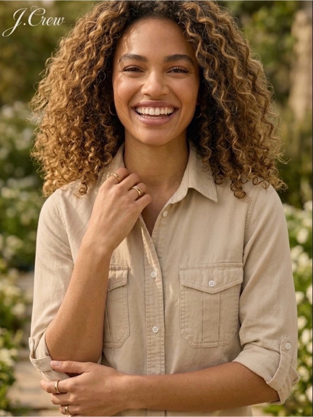 J Crew Button-Down Cotton Khaki Tan Top, Sleeve Roll-Tabs ⭐️ Like New - Picture 11 of 16